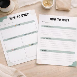 Peut inclure: Deux feuilles de papier blanches avec le texte "HOW TO USE?" en noir. L'une comporte des sections pour "Urgent", "Overthinking Loops", "Goals", "Conversations Replaying" et "Plans". L'autre a des sections pour "What Can I Control?", "First Small Step" et "When Will I Do It?"