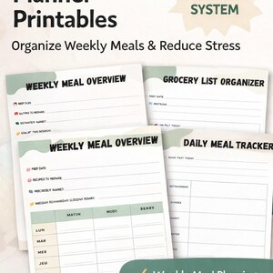 Peut inclure: Imprimables de planification de repas avec un aperçu hebdomadaire des repas, un organisateur de listes de courses et un suivi quotidien des repas. Le texte comprend "Organiser les repas hebdomadaires et réduire le stress".