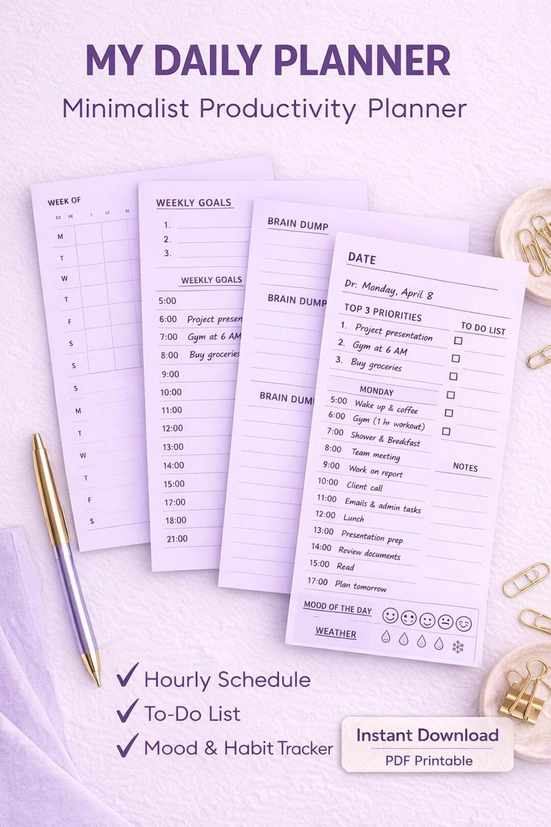 Lilac Daily Planner Printable | Weekly Planner Printable | Minimalist ...
