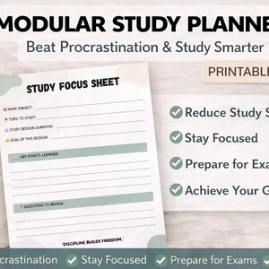Planificador de estudio imprimible en PDF | Hojas de repaso modulares | Sistema de preparación para exámenes y antiprocrastinación | Enfoque y organización para estudiantes