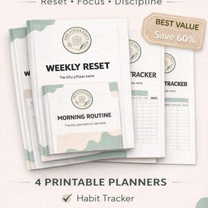 Peut inclure: Un ensemble de productivité ultime avec le texte "Reset, Focus, Discipline". L'image montre quatre planificateurs imprimables : Suivi des habitudes, Réinitialisation hebdomadaire, Routine du matin et Planificateur d'étude. Une étiquette "Meilleure valeur" est également visible.