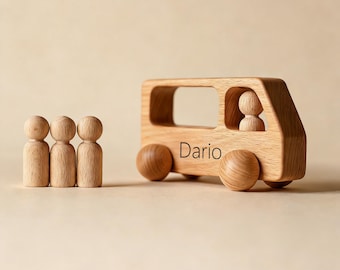 Personalized Wooden Bus Toy, Handmade Rolling Vehicle, Custom Name