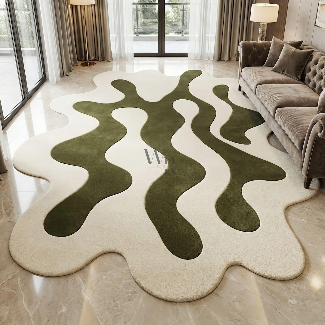 Amorph Rugs Hand Tufted Abstract Rug, Olive Green Cream Wavy Irregular Shape ...