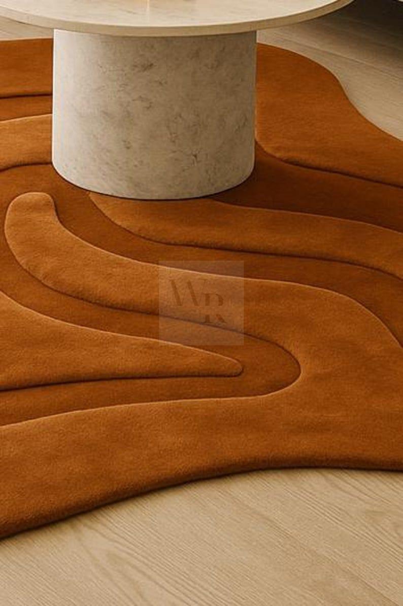 Hand Tufted Rust Layered Rug, Modern Abstract Wool Carpet, Designer Custom Area Mat, Statement Accent for Living Room, Unique Organic