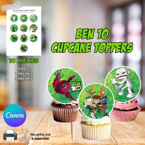 May include: Ben 10 cupcake toppers with various character designs. The toppers are round, with a green background and feature characters from the Ben 10 animated series. The image also shows cupcakes with the toppers on top. The text on the image says "Ben 10 Cupcake Toppers".