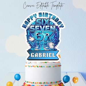 Puede incluir: Una tarta de cumpleaños blanca decorada con chispas de colores y un adorno que dice "Happy Birthday Six Seven Gabriel". El adorno presenta un personaje de dibujos animados con los números 6 y 7. Globos azules y amarillos en el fondo.