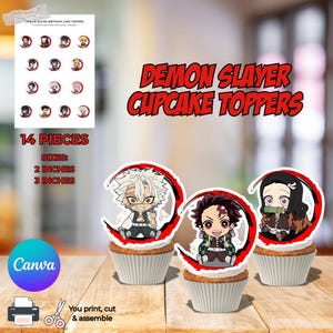 May include: Demon Slayer cupcake toppers featuring anime characters. The image shows three cupcakes with character toppers, along with a sheet of 14 toppers. Sizes are 2 and 3 inches. Text reads "Demon Slayer Cupcake Toppers."