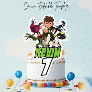 Puede incluir: Una tarta blanca decorada con caramelos de colores, coronada con un adorno para tarta con temática de Ben 10. El adorno presenta personajes de dibujos animados y el nombre "Kevin" con el número "7". Globos y confeti rodean la tarta. El texto "Canva Editable Template" está en la parte superior.