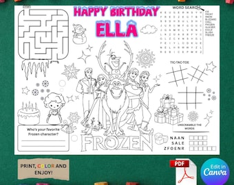 Pode incluir: Um jogo americano para colorir em preto e branco com personagens do filme "Frozen". O jogo americano inclui um labirinto, uma pesquisa de palavras, jogo da velha e jogos de palavras. O texto inclui "Happy Birthday Ella" e "Print, Color and Enjoy!"