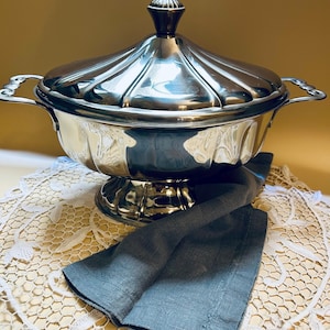 Vintage Silver Plated Tureen: Scalloped Lid, Pedestal Base