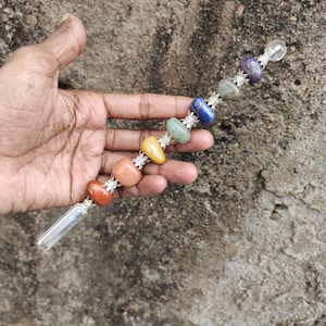 Handmade seven chakra tumble stone healing stick, 7-8 inches