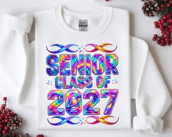 Camiseta retrô da turma de formandos de 2027 em PNG, com estampa tie-dye (download digital)