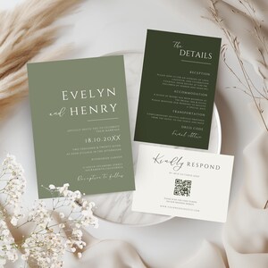 May include: A set of wedding invitation cards in olive green and white. The main card features the names "Evelyn and Henry" and event details. Additional cards include reception details and a QR code for RSVP.