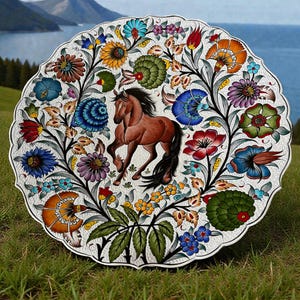 Puede incluir: Un plato decorativo y redondo con fondo blanco y diseño floral colorido. El plato presenta un caballo marrón en el centro, rodeado de flores en tonos azules, naranjas, rojos y morados. El plato está sobre hierba verde.