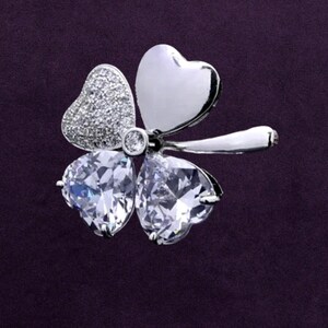 Clover Leaf Brooch | Crystal Heart Petal Pin | Lucky Four Leaf Clover Jewelry | Sparkling Silver Shamrock Gift for Women | Handmade Brooch