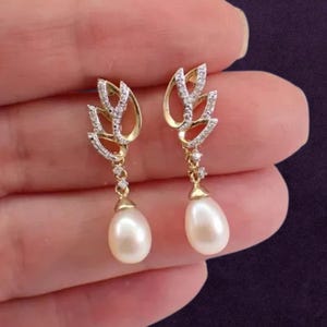 Pearl Diamond Drop Earrings | 14K Gold Plated Leaf Dangle Earrings | Vintage Style Bridal Jewelry | June Birthstone Gift for Her | Handmade
