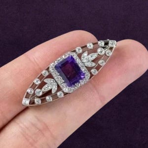 Vintage Amethyst Diamond Brooch, Art Deco Yellow Gold Plated Pin, February Birthstone Jewelry, Elegant Antique Statement Gift, 925 Silver