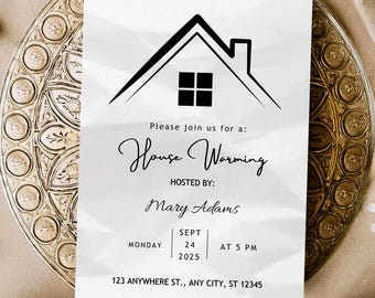 Editable Housewarming Invitation, Black White House Warming Party, Minimalist Elegant, Printable Digital Invite, Canva Template