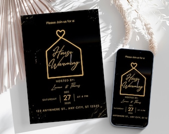 Editable Housewarming Invitation Template, Animated Black & Gold Video Invite, Printable Modern Canva Template