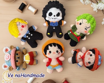 Anime Pirates Crochet Keychain, Anime Fan Gift, Handmade Amigurumi Plush Bag Charms, Cute Crochet Doll, Plush Keychain, Straw Hat Boy Toys