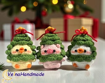 Cute Animal Christmas Tree Keychain, Pig, Duck, Chicken Keychain, Xmas Tree Amigurumi, Handmade Bag Charm, Bag Decor,Christmas Gift For Her