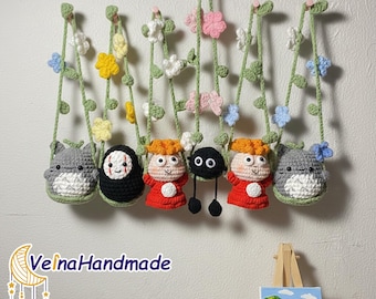 Lindo colgante de crochet para coche, amigurumi de anime, gato Susuwatari, adorno de crochet para espejo de coche, regalos para amantes del anime, adorno para coche