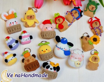Cute Animal Crochet Keychains, Amigurumi Toy, Stuffed Animal Keychain, Capybara, Rabbit, Panda, Sheep Keychains, Bag Charm, Plush Charm Gift