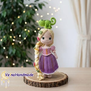 Rapunzel Crochet Doll, Handmade Tangled Doll, Long Hair Princess Amigurumi, Pascal Chameleon Crochet, Gift For Daughter, Fairy Tale Crochet