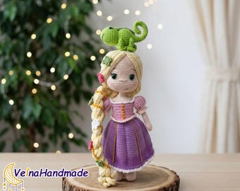 Rapunzel Crochet Doll, Handmade Tangled Doll, Long Hair Princess Amigurumi, Pascal Chameleon Crochet, Gift For Daughter, Fairy Tale Crochet