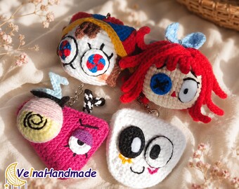 Amazing Circus Crochet Keychain, Cartoon Amigurumi Doll, Ragdoll Crochet, Clown Amigurumi Bag Charm, Toy Doll, Handmade Pomni Plush Doll