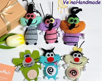 Cute Cats Keychains, Cat And The Cockroaches Amigurumi, Handmade Bag Charm, Cat Bag Charm, Funny Cartoon Crochet, Plush Keychain, Animal Toy