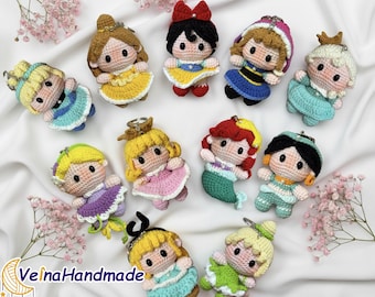 Handmade Princess Amigurumi Keychain, Doll Bag Charm, Rapunzel, Belle, Cinderella Snow White Elsa Anna Jasmine Tinkerbell Ariel Aurora Alice