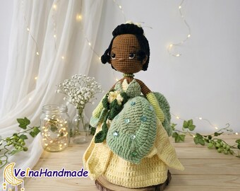 Handmade Princess Tiana Crochet Doll, Tiana Amigurumi Plush, Disney The Princess And The Frog Doll, Frog Princess Toy, Fairy Gift For Girls