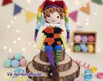 Rainbow Clown Doll Crochet, Handmade Crochet Plush, Jester Amigurumi Doll, Christmas Gift For Kid, Colorful Amigurumi Toy, Cute Clown Toy