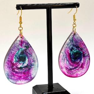 Handcrafted Resin Teardrop Earrings, Vibrant Pink & Purple Swirl