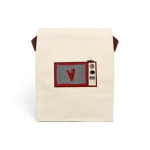 Vintage TV Love Canvas Lunch Bag - Eco-Friendly Lunch Tote, Heart Design Lunch Box, Back to School Gift, Picnic Accessory, Everyday Use