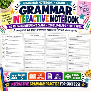 May include: A Grade 5 grammar interactive notebook resource featuring 60 foldable reference cards and 240 flip-flaps. The document includes assembly instructions, noun types, pronoun-antecedent agreement, and adjective lessons in a print-friendly format.