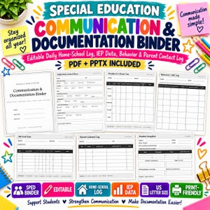 May include: A digital special education communication and documentation binder set featuring editable daily home-school logs, IEP data trackers, behavior logs, and parent contact forms. Includes PDF and PPTX files in US letter size for printing.
