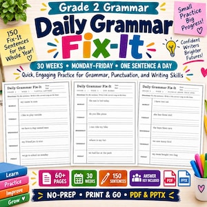 Puede incluir: Recurso educativo Grade 2 Daily Grammar Fix-It con 150 oraciones para 30 semanas de práctica. Incluye tres hojas de trabajo de muestra con ejercicios de lunes a viernes, además de iconos para 60+ páginas, clave de respuestas, PDF y PPTX.