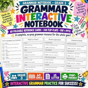 May include: A Grade 3 Grammar Interactive Notebook educational resource featuring 60 foldable reference cards and 240 flip-flaps. The document includes instructional pages on nouns, pronoun agreement, and possessive nouns with assembly instructions.