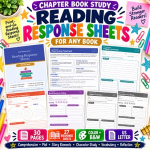 May include: A collection of printable reading response sheets for chapter books, featuring various worksheets for chapter summaries, character comparisons, and book reviews. The pages include text headers, blank lines for writing, and star ratings.