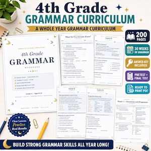 Puede incluir: Un conjunto de libros de trabajo de gramática para 4th Grade con 200 páginas de lecciones para 30 semanas. Los materiales incluyen una prueba previa, una prueba final, una clave de respuestas y hojas de trabajo PDF imprimibles.