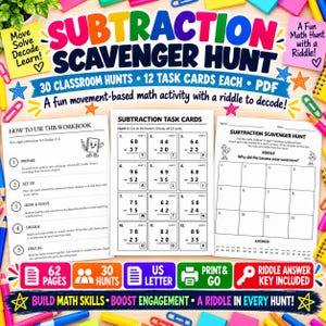 Substraction Hunt Math Activity, 30 Classroom Hunts, Substraction Task Cards with Riddles, Math Center Printable, Math Movement Activity