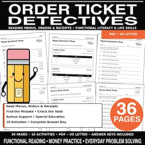 May include: Educational activity set titled Order Ticket Detectives featuring 36 pages of functional literacy worksheets. Includes menus, order tickets, and receipts for Maple Sandwich Shop and Sunny Slice Pizza with a cartoon pencil character.