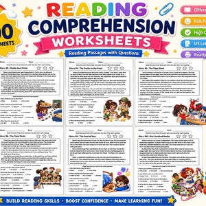 Puede incluir: Una muestra digital de 100 hojas de trabajo de comprensión lectora que incluye seis páginas de ejemplo con historias y preguntas de opción múltiple. El diseño presenta gráficos coloridos de crayones, un lápiz, una manzana roja y libros apilados.