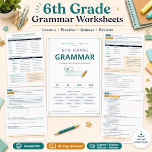 May include: A collection of 6th Grade Grammar Worksheets including a workbook titled 6th Grade Grammar Complete Practice & Editing Workbook, a reference guide, and practice pages. The materials feature lessons, quizzes, and reviews for ages 11-13.