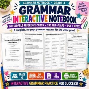 May include: A Grade 4 Grammar Interactive Notebook educational resource featuring 60 foldable reference cards, 240 flip-flaps, and PDF/PPTX files. The document includes a table of contents, assembly instructions, and a page detailing types of nouns.