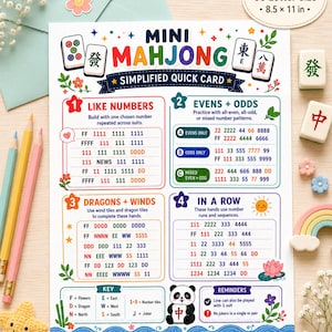 May include: A white paper sheet titled Mini Mahjong Simplified Quick Card, featuring colorful instructional text, numbered sections for game strategies, a legend key, and a panda illustration, measuring 8.5 by 11 inches as printed on the card.