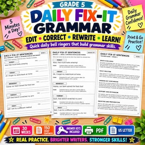 Può includere: Risorsa educativa Grade 5 Daily Fix-It Grammar con schede di esercizi per modificare, correggere e riscrivere frasi quotidiane. Include guide per l'insegnante, chiavi di risposta e istruzioni per 30 settimane di pratica su carta US Letter.