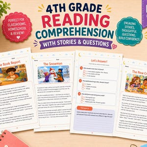 May include: A 4th grade reading comprehension educational resource in PDF US letter format. The pages feature stories titled The Book Report, The Snowman, and The New Crayons, alongside multiple-choice questions and writing prompts for students.